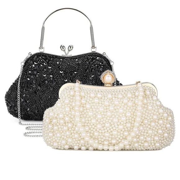 Uborse 1920s Vintage Beaded Evening Clutch & Pearl Chain Wedding Bag